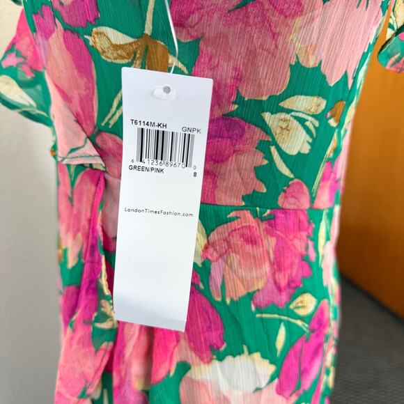 London Times Sleeveless Floral Ruffle Wrap Asymmetrical Hem Maxi Dress Sz 8 NEW - Picture 9 of 15